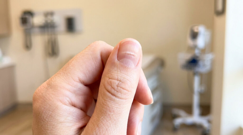 Gros plan sur un pouce montrant une ligne de Beau transversale profonde sur la plaque de l'ongle.