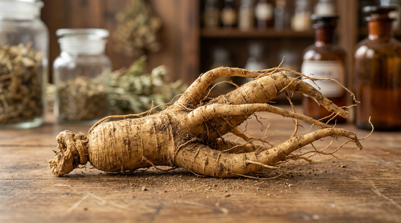 Une racine de ginseng fraîchement récoltée posée sur une table en bois devant des fioles d'apothicaire.