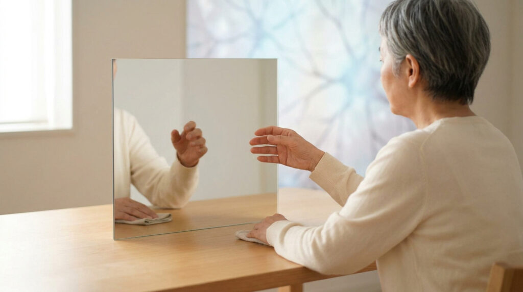 Une personne âgée pratique une thérapie miroir pour rééduquer sa main sur une table en bois.