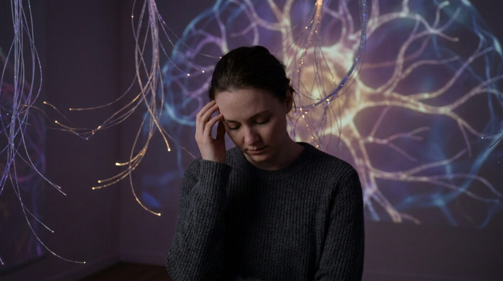 Une femme pensive devant une projection lumineuse représentant un réseau de neurones et des fibres optiques.
