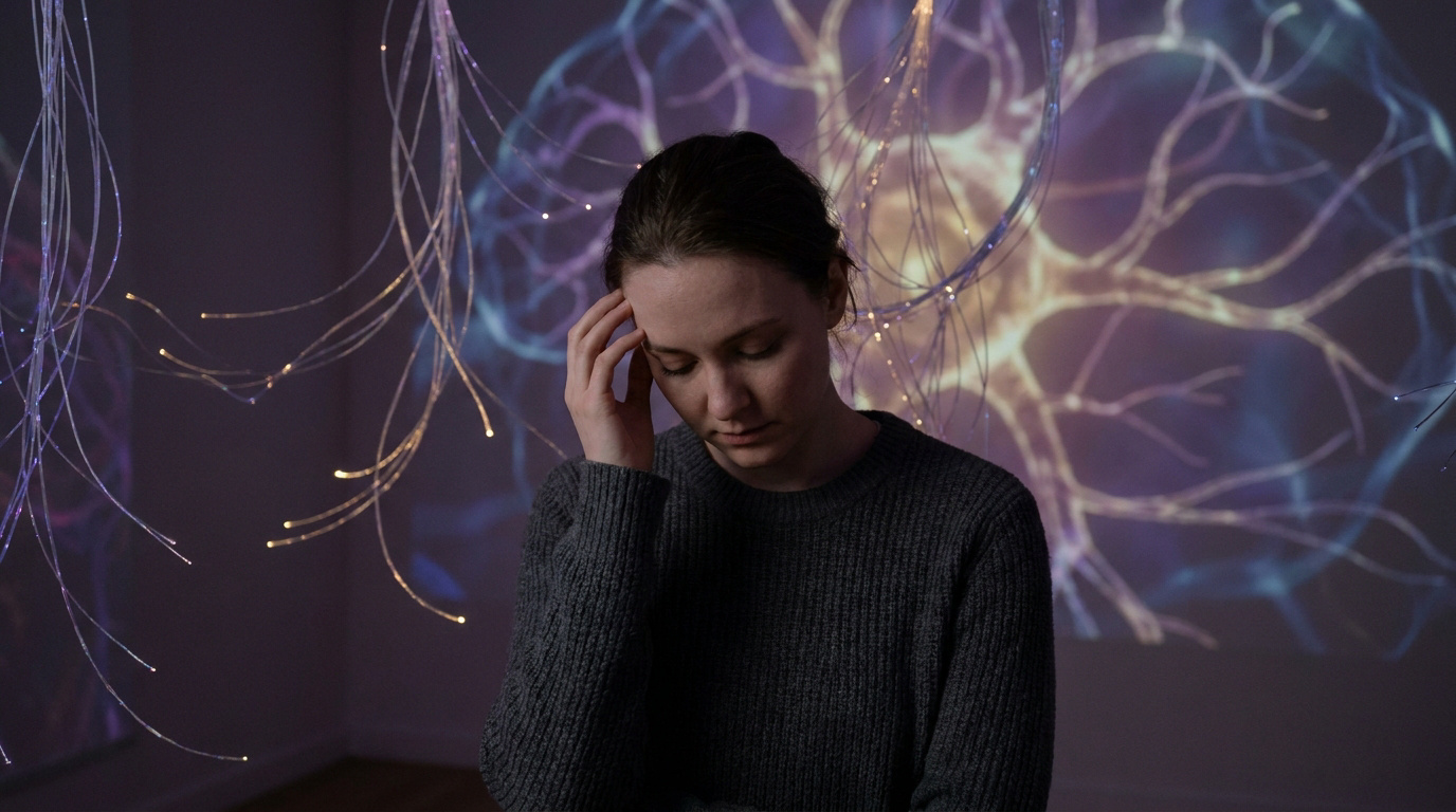 Une femme pensive devant une projection lumineuse représentant un réseau de neurones et des fibres optiques.