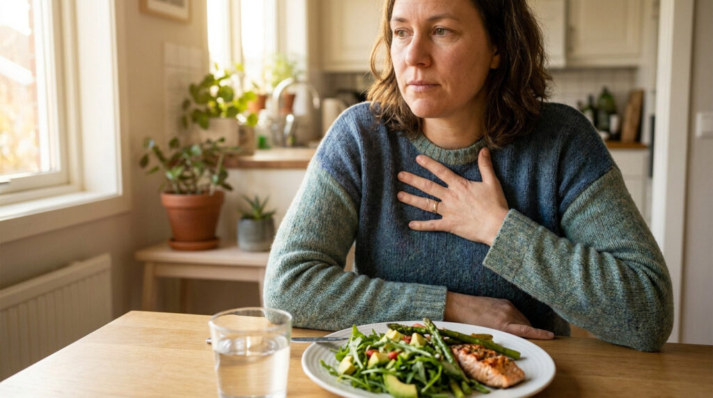 Une femme assise à table avec une assiette de repas sain, tenant sa main sur sa poitrine avec une expression soucieuse.