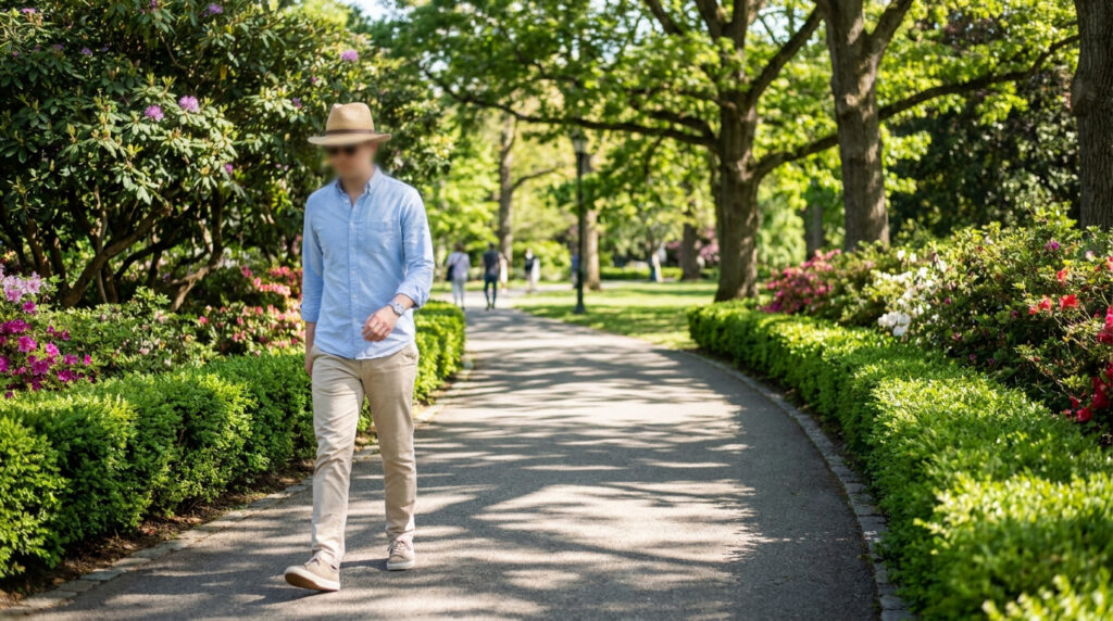 Un homme en tenue décontractée marche paisiblement dans un parc ensoleillé et verdoyant.