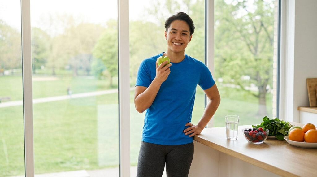 Personne souriante en t-shirt bleu tenant une pomme verte près d'un comptoir avec des fruits frais.