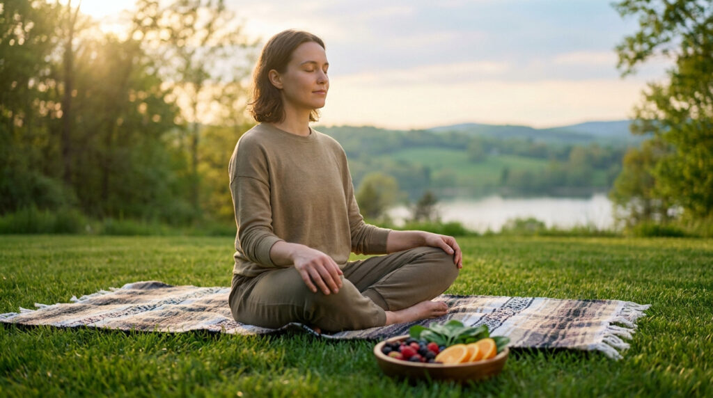 Une femme médite sur une couverture dans l'herbe au coucher du soleil avec un bol de fruits sains à côté d'elle.