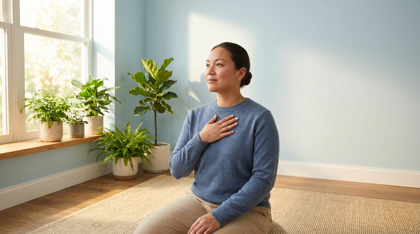 Une femme assise calmement chez elle, la main sur la poitrine, pratiquant un exercice de respiration consciente.
