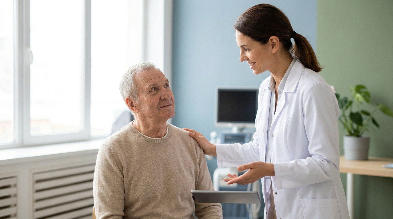 Une femme médecin rassurante pose sa main sur l'épaule d'un patient âgé lors d'une consultation.