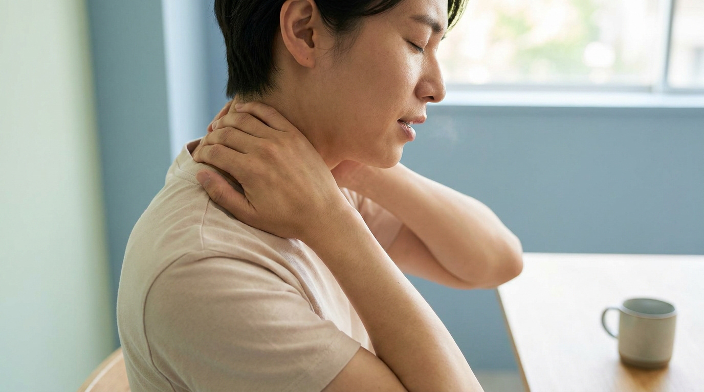 Une personne assise à une table se masse le cou avec la main pour soulager une douleur ou une tension musculaire.