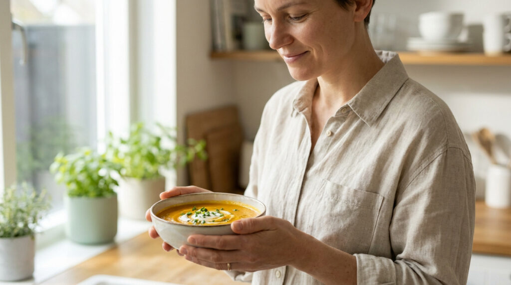 Une femme souriante tient un bol de soupe maison dans une cuisine lumineuse.