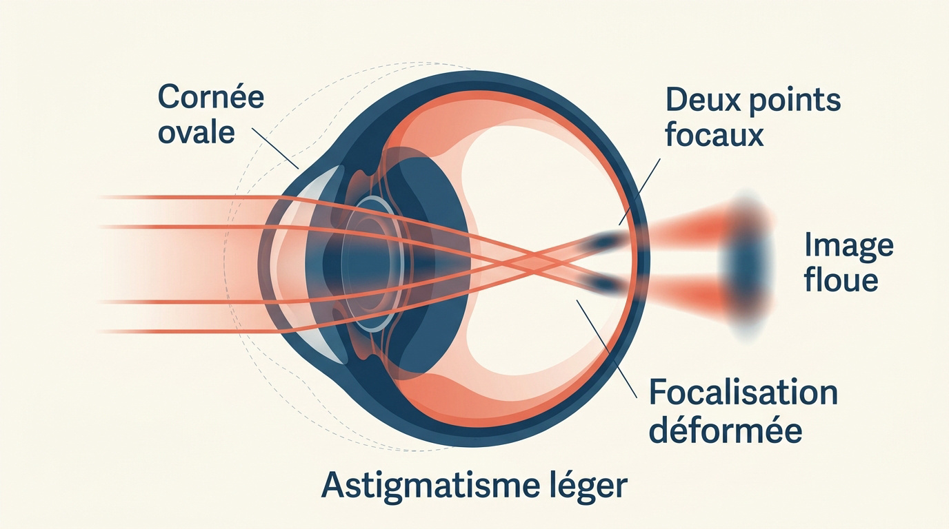 Schéma de la focalisation de la lumière dans un œil présentant un astigmatisme léger