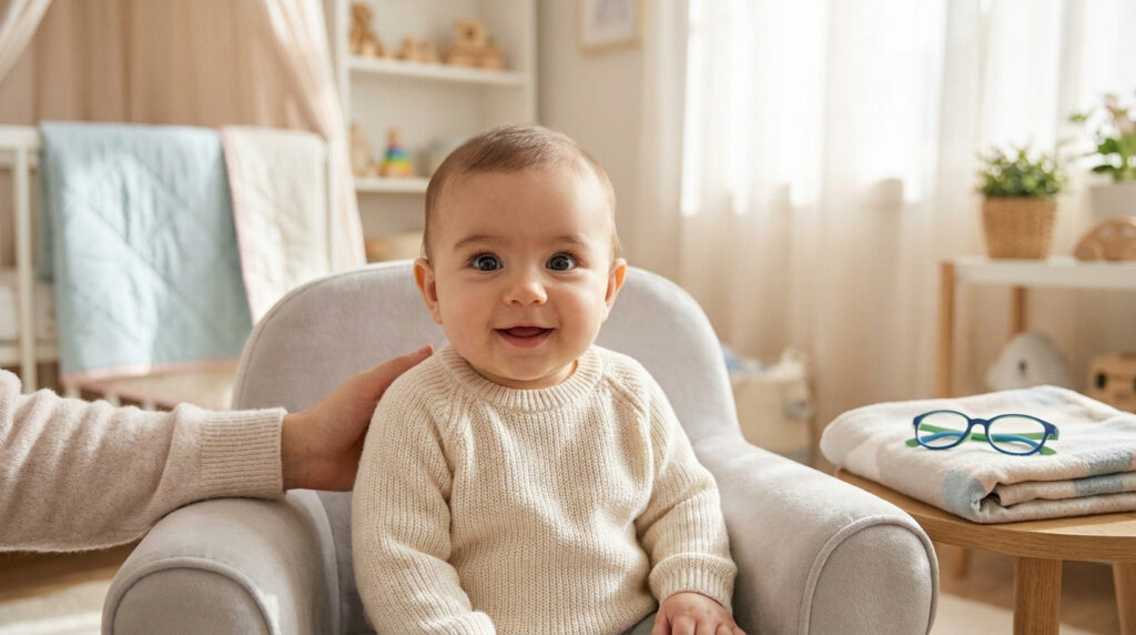 Un bébé souriant assis dans un fauteuil, avec une paire de lunettes pour enfant posée sur une table à côté.