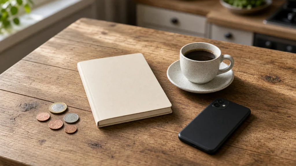 Cahier, pièces et tasse de café sur une table en bois