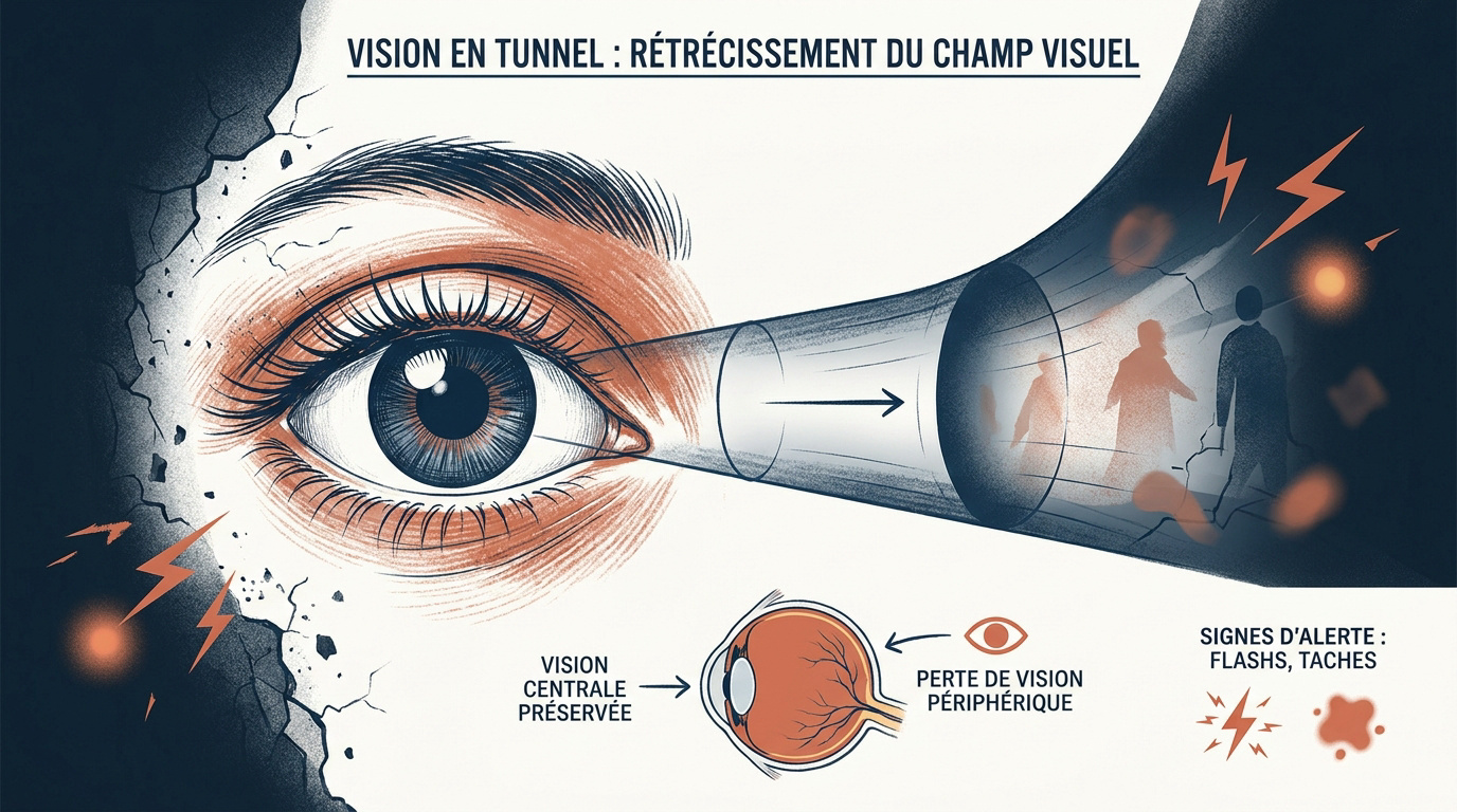 Illustration médicale montrant le champ visuel restreint et l'anatomie de l'oeil affecté par la vision en tunnel