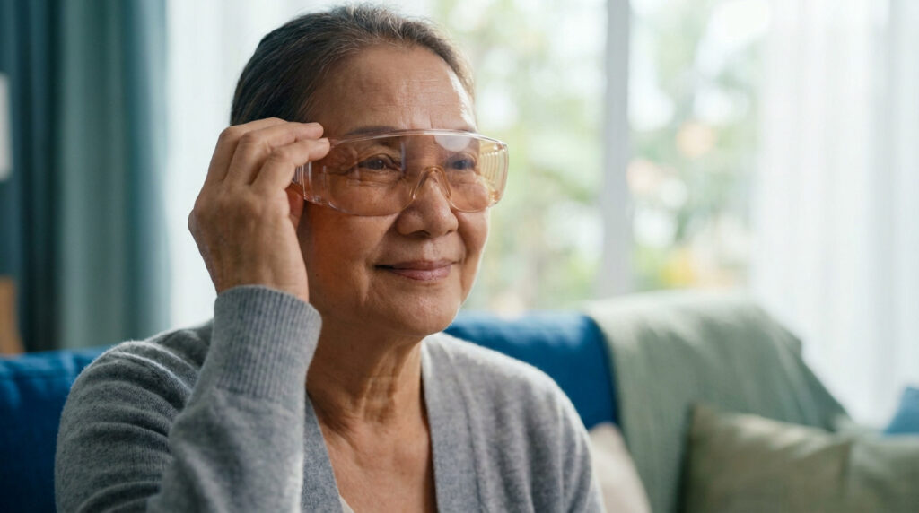 Femme âgée souriante portant des lunettes de protection transparentes après une opération des yeux.