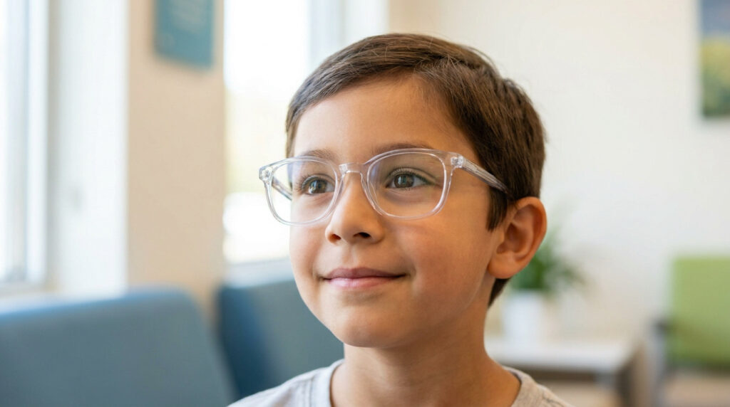 Jeune garçon souriant portant des lunettes à monture transparente dans un environnement médical lumineux.