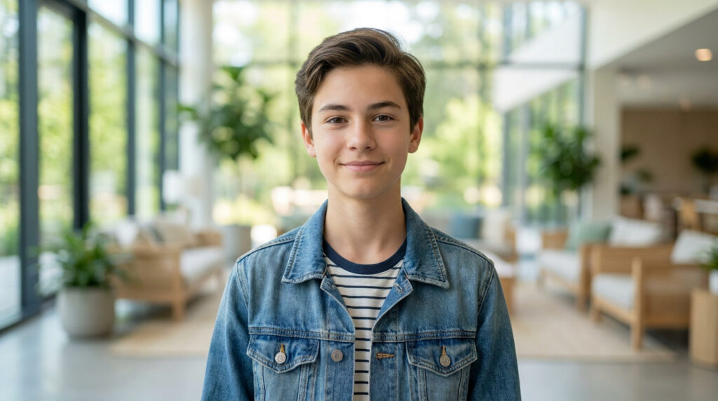 Un adolescent souriant portant une veste en jean dans un intérieur lumineux et moderne.