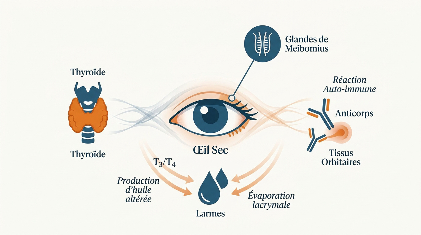 Schéma médical montrant le lien entre la glande thyroïde et l'inflammation des tissus de l'orbite oculaire