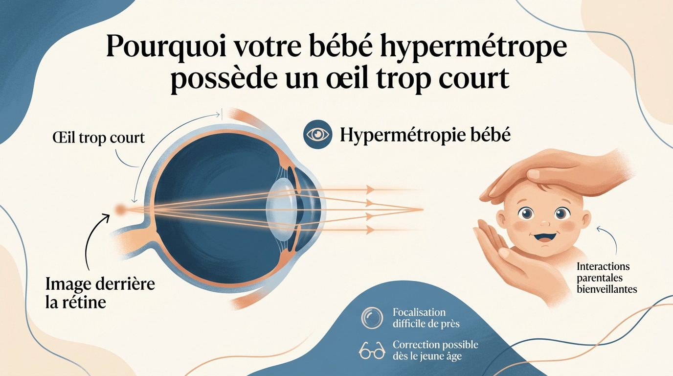 Schéma illustrant la longueur axiale courte d'un œil de bébé hypermétrope