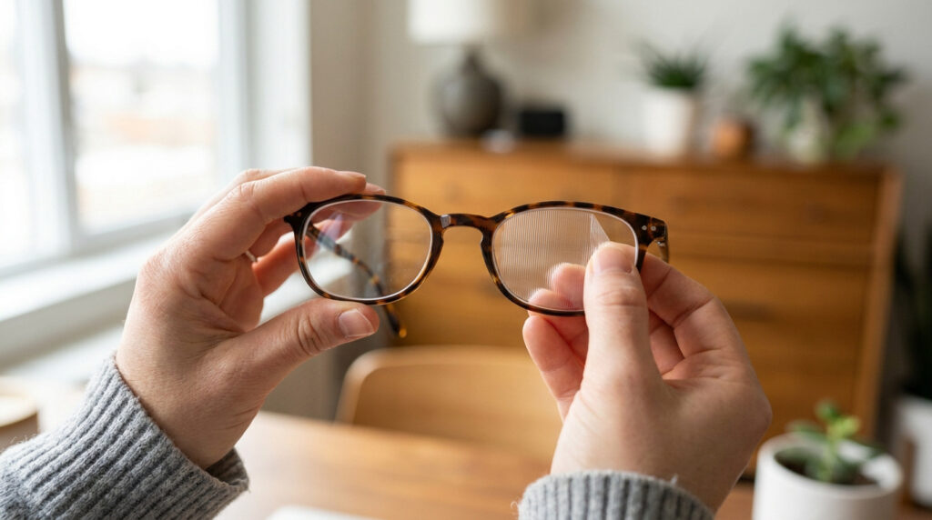 Mains tenant une paire de lunettes avec un prisme de Fresnel autocollant appliqué sur le verre droit.