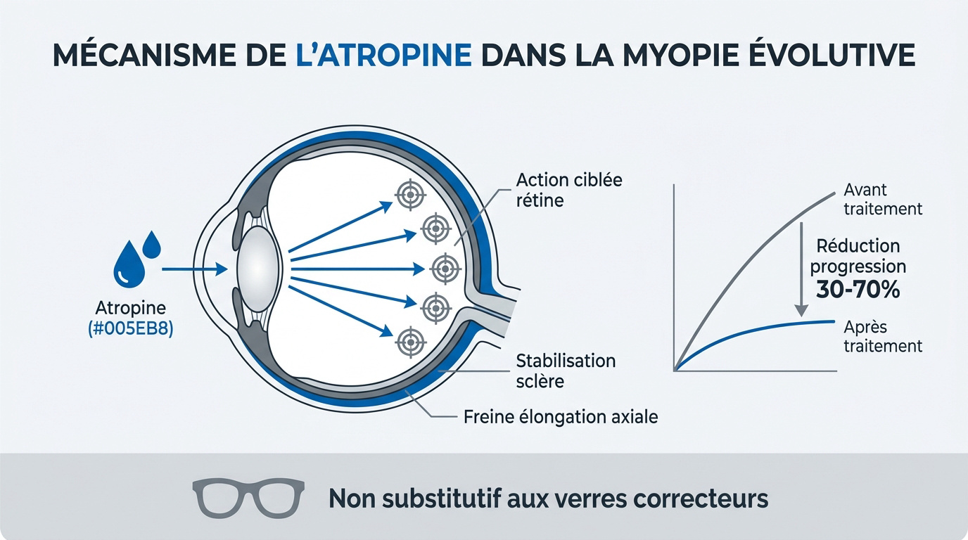 Schéma expliquant le mécanisme d'action de l'atropine microdosée sur la croissance de l'œil de l'enfant