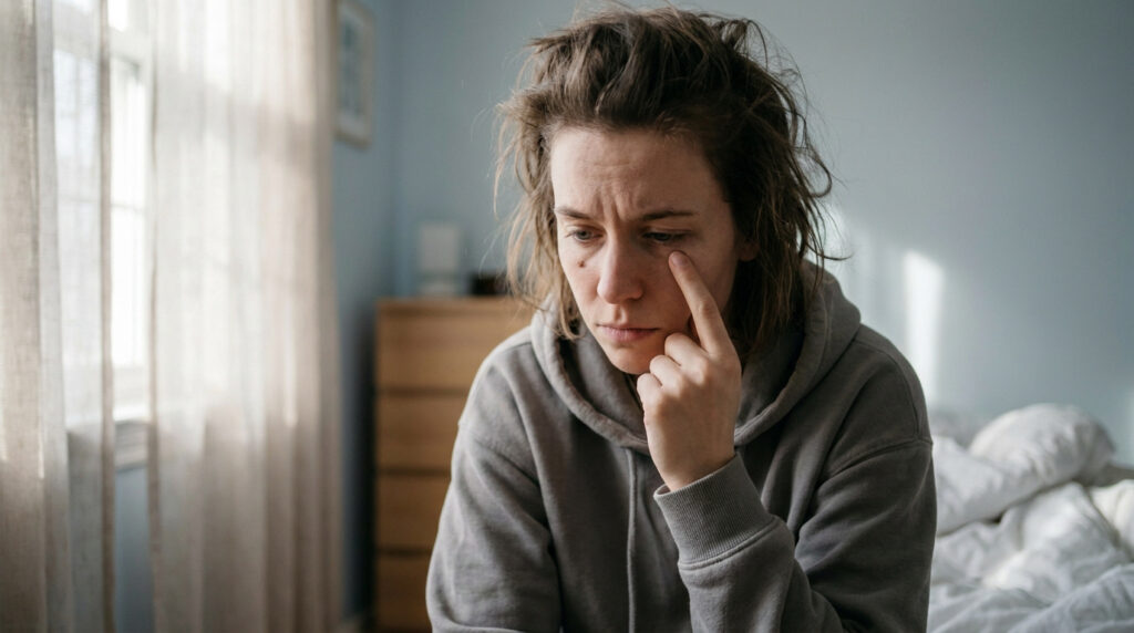 Une femme au réveil, touchant son œil avec une expression préoccupée dans une chambre.