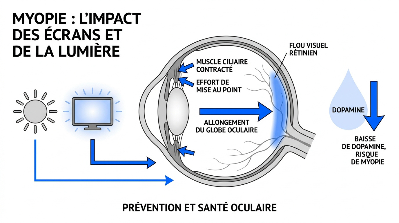 Schéma illustrant l'impact des écrans et du manque de lumière sur l'allongement de l'œil et la myopie