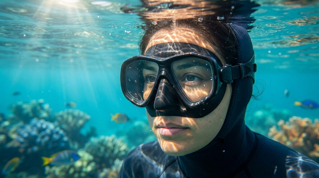 Une femme plongeuse portant un masque de plongée noir sous l'eau avec des coraux et des poissons tropicaux en arrière-plan.