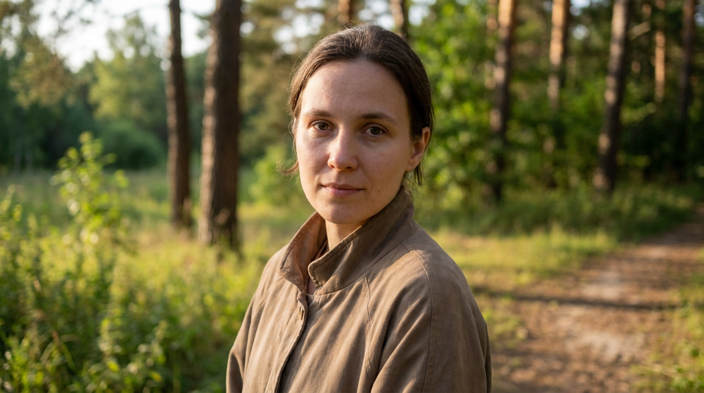 Portrait d'une femme au regard calme, debout dans une forêt baignée par la lumière douce du soleil couchant.