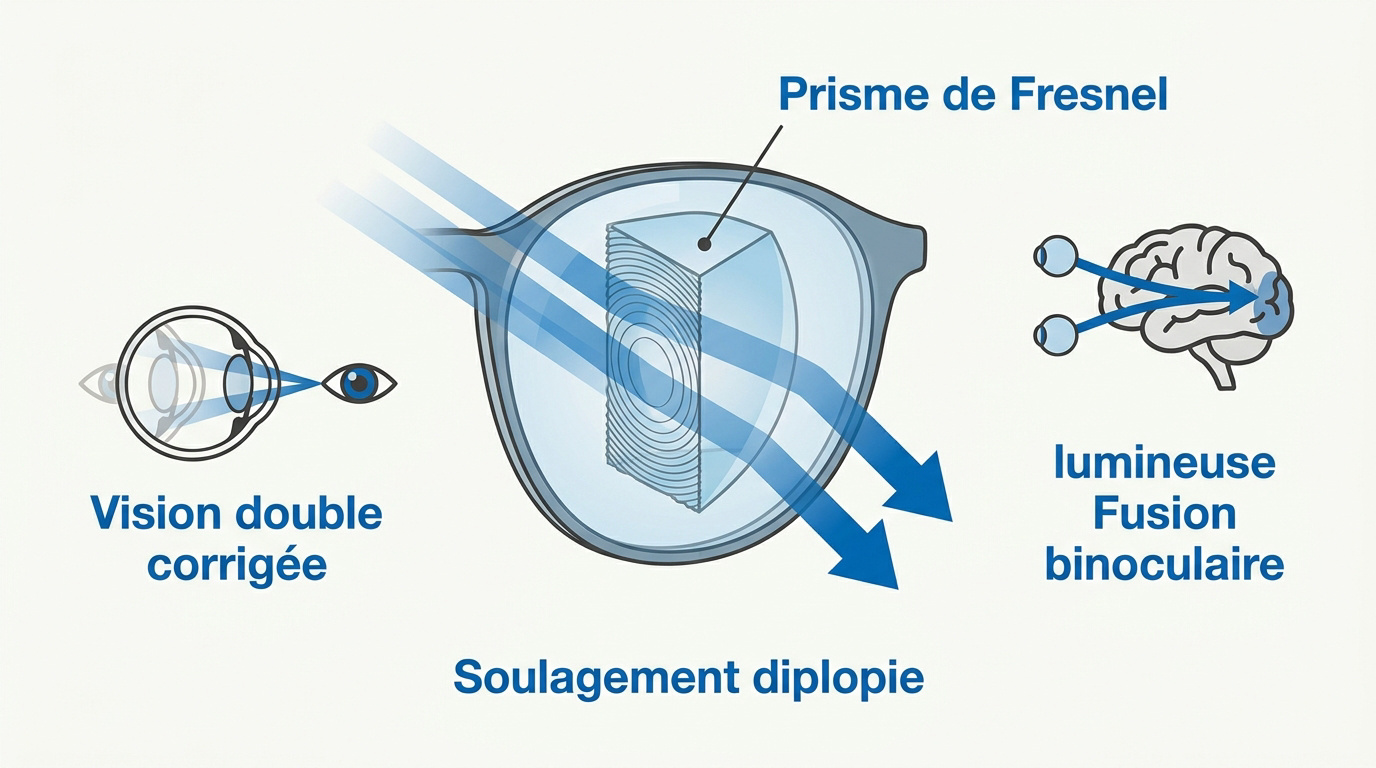 Application d'un prisme de Fresnel sur un verre de lunette pour corriger la diplopie