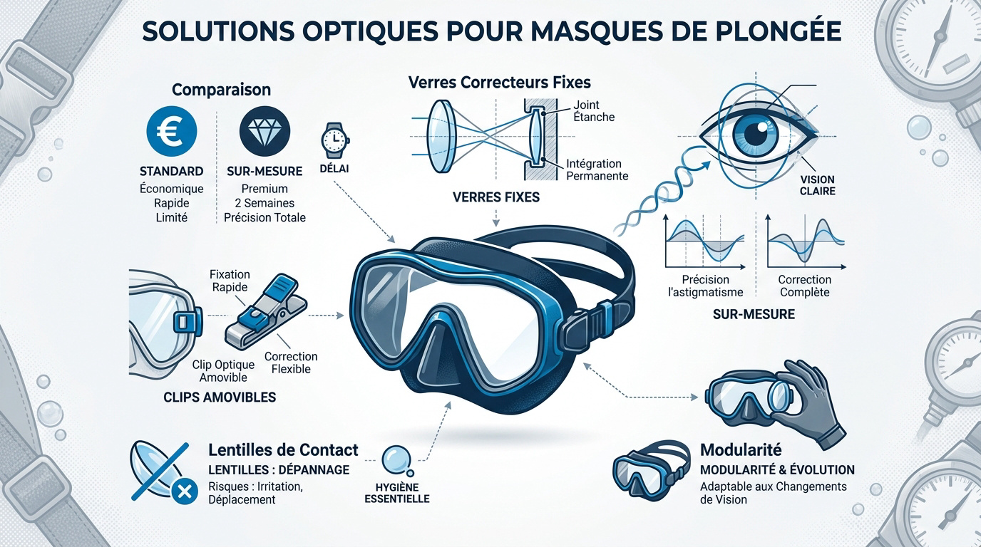 Différentes solutions de masques de plongée avec verres correcteurs et clips optiques