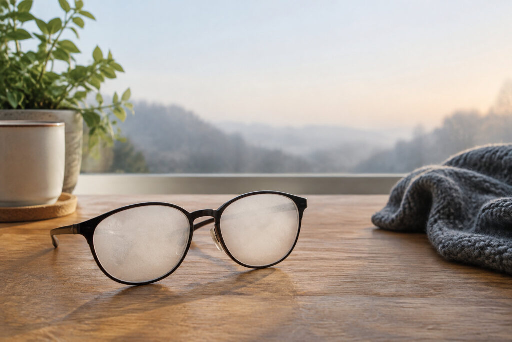 Une paire de lunettes aux verres embués posée sur une table en bois devant une fenêtre avec une vue brumeuse.