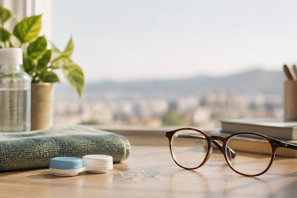 Paire de lentilles de contact, étui et lunettes posés sur une table devant une fenêtre avec vue sur la ville.