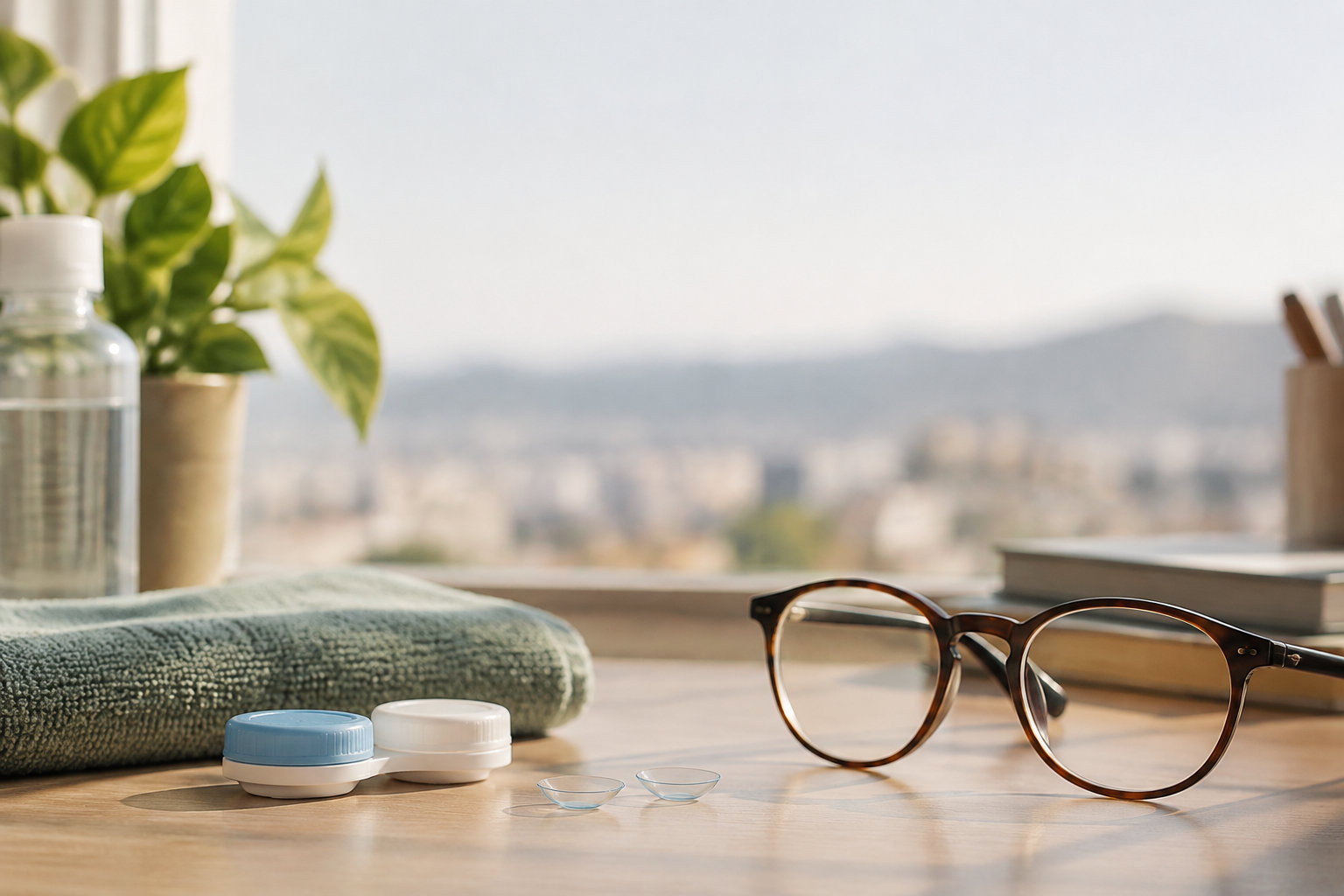 Paire de lentilles de contact, étui et lunettes posés sur une table devant une fenêtre avec vue sur la ville.