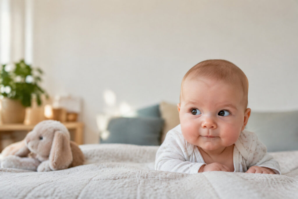 Un bébé allongé sur le ventre sur un lit, regardant sur le côté, avec un lapin en peluche à ses côtés.