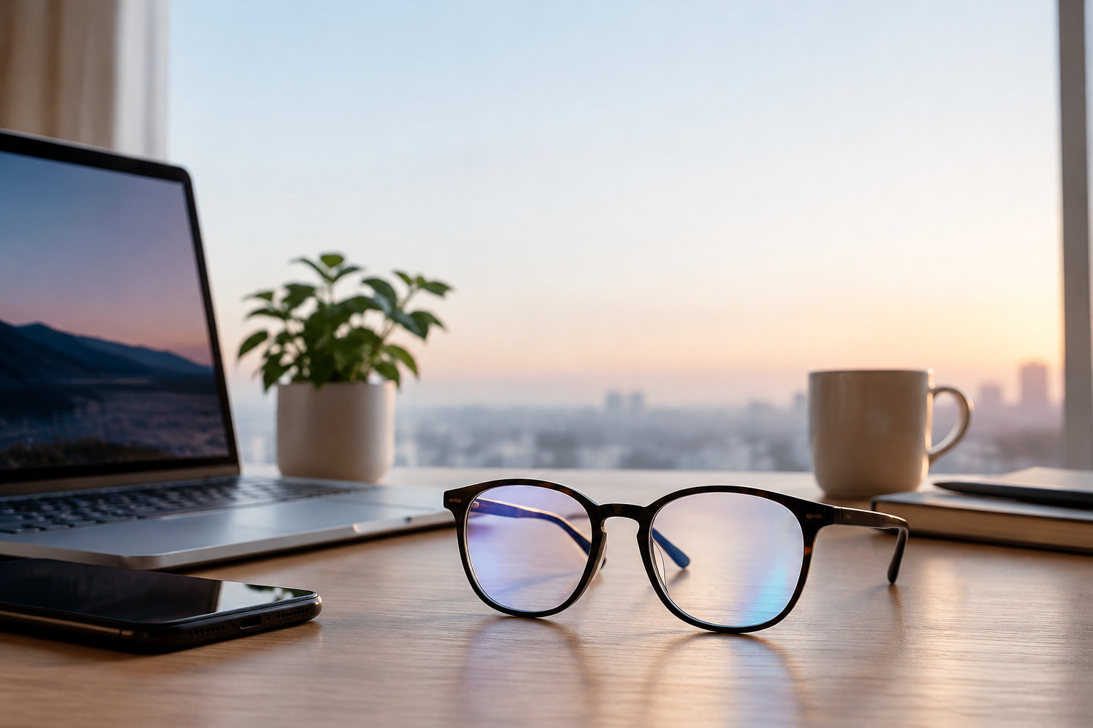 Lunettes anti-lumière bleue posées sur un bureau devant un ordinateur, une plante et une tasse au coucher du soleil.