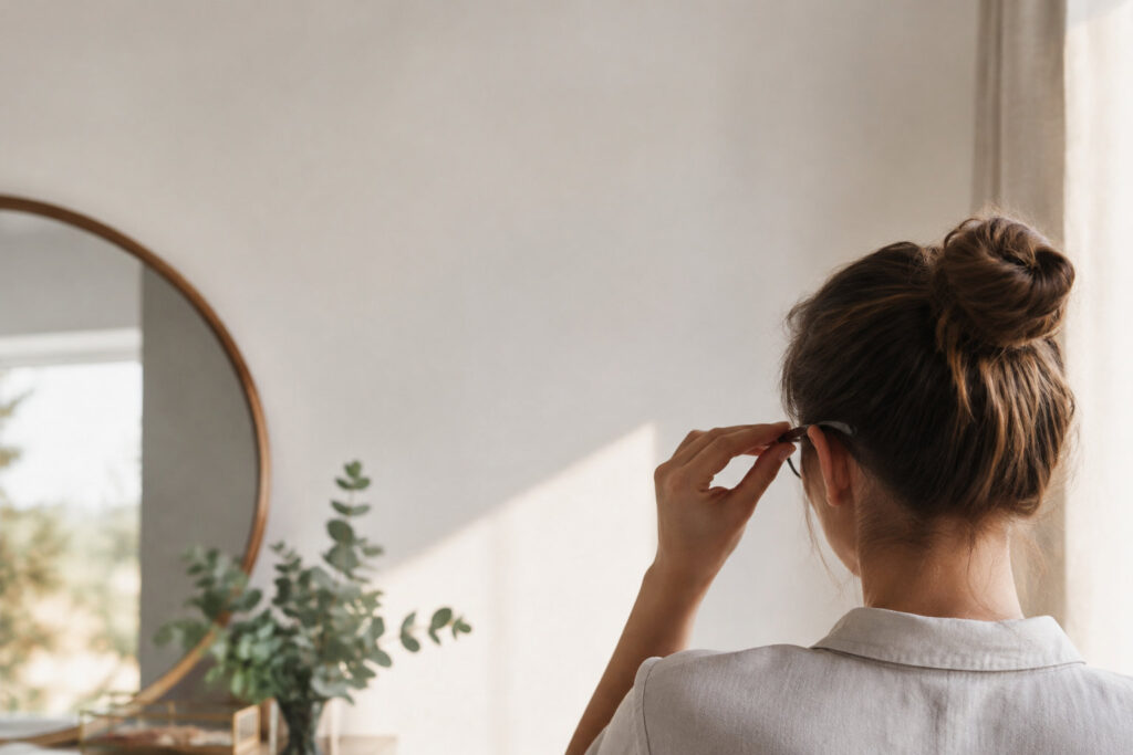 Une femme vue de dos ajuste ses lunettes devant un miroir après une chirurgie des oreilles.