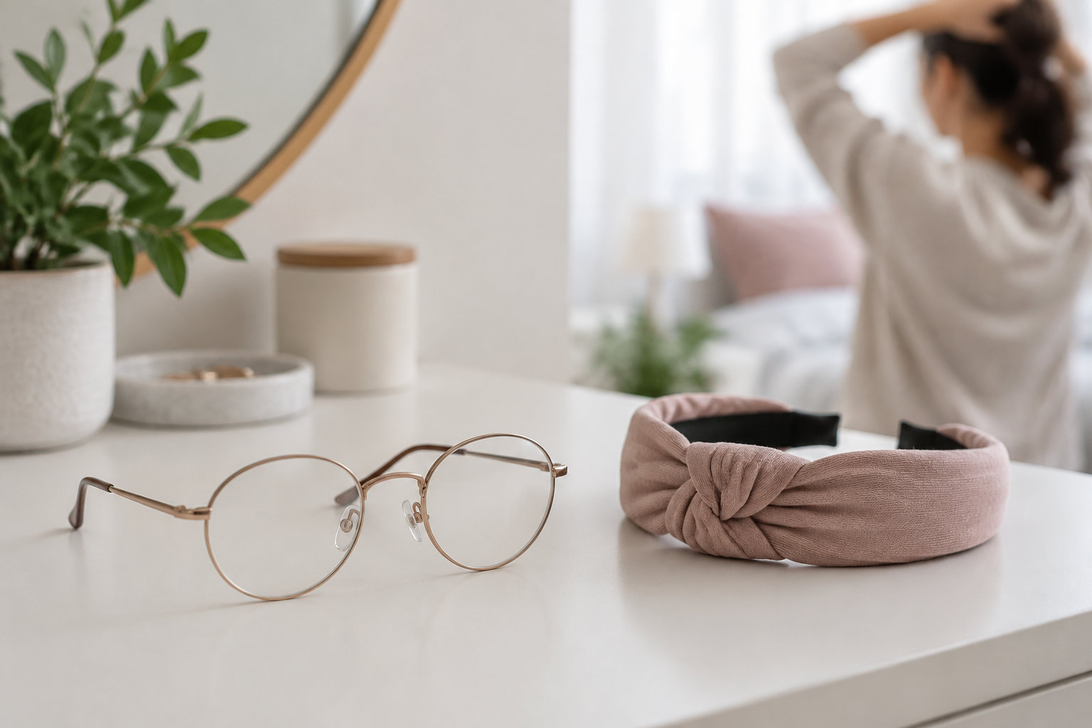 Une paire de lunettes rondes et un bandeau rose sont posés sur une table blanche, avec une personne floue en arrière-plan.