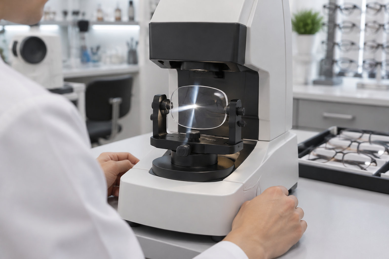 Une personne en blouse blanche manipule un appareil optique qui projette un faisceau lumineux sur une lentille montée sur un support, dans un laboratoire.