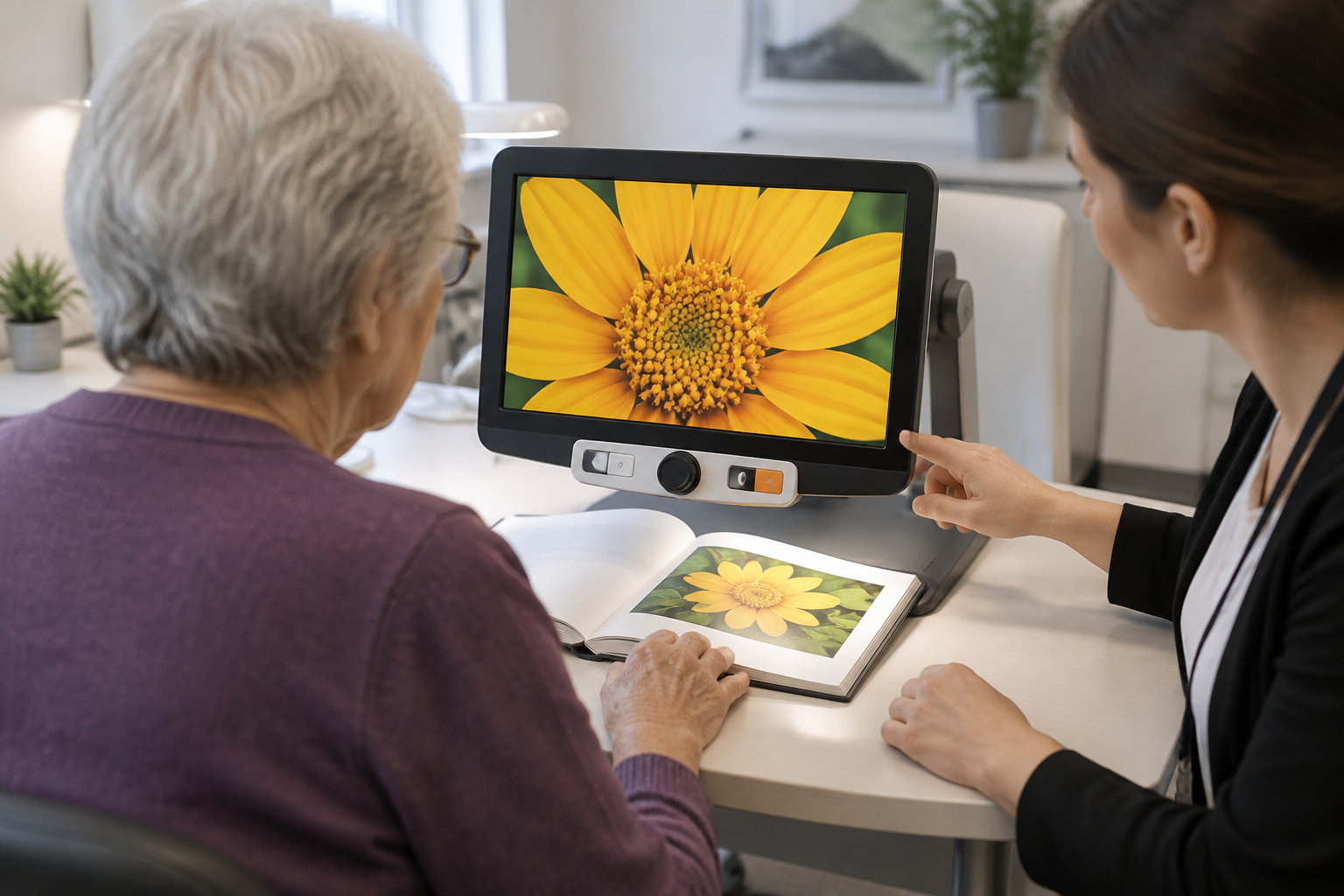 Une femme accompagne une personne âgée devant un appareil à écran grossissant, qui affiche une fleur jaune au-dessus d’un livre ouvert montrant la même image.