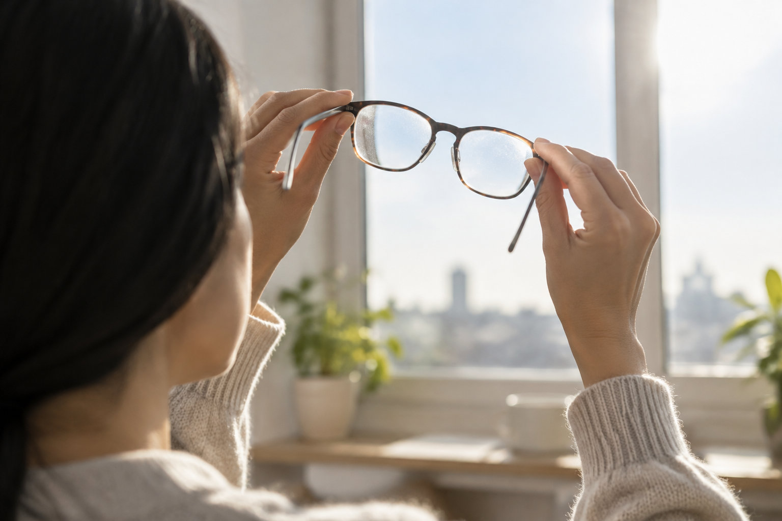 Une personne tient une paire de lunettes devant une fenêtre ensoleillée, avec des plantes en pot sur le rebord.