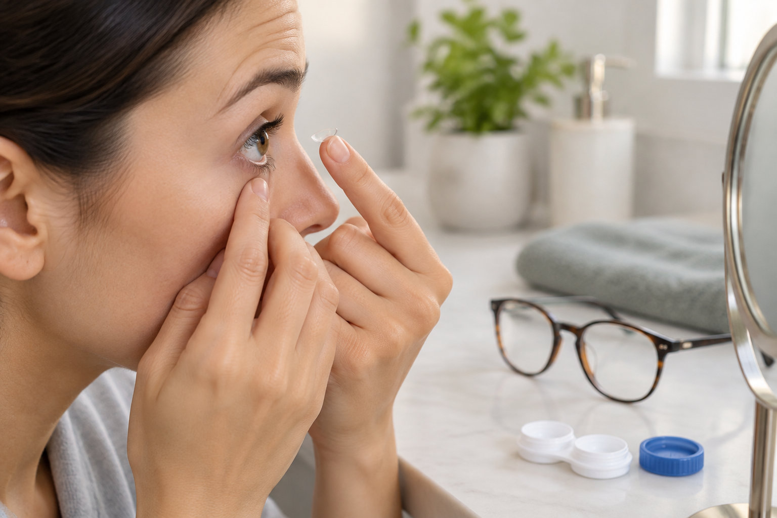 Une femme place une lentille de contact sur son œil devant un miroir, avec des lunettes et un étui à lentilles posés sur le lavabo.