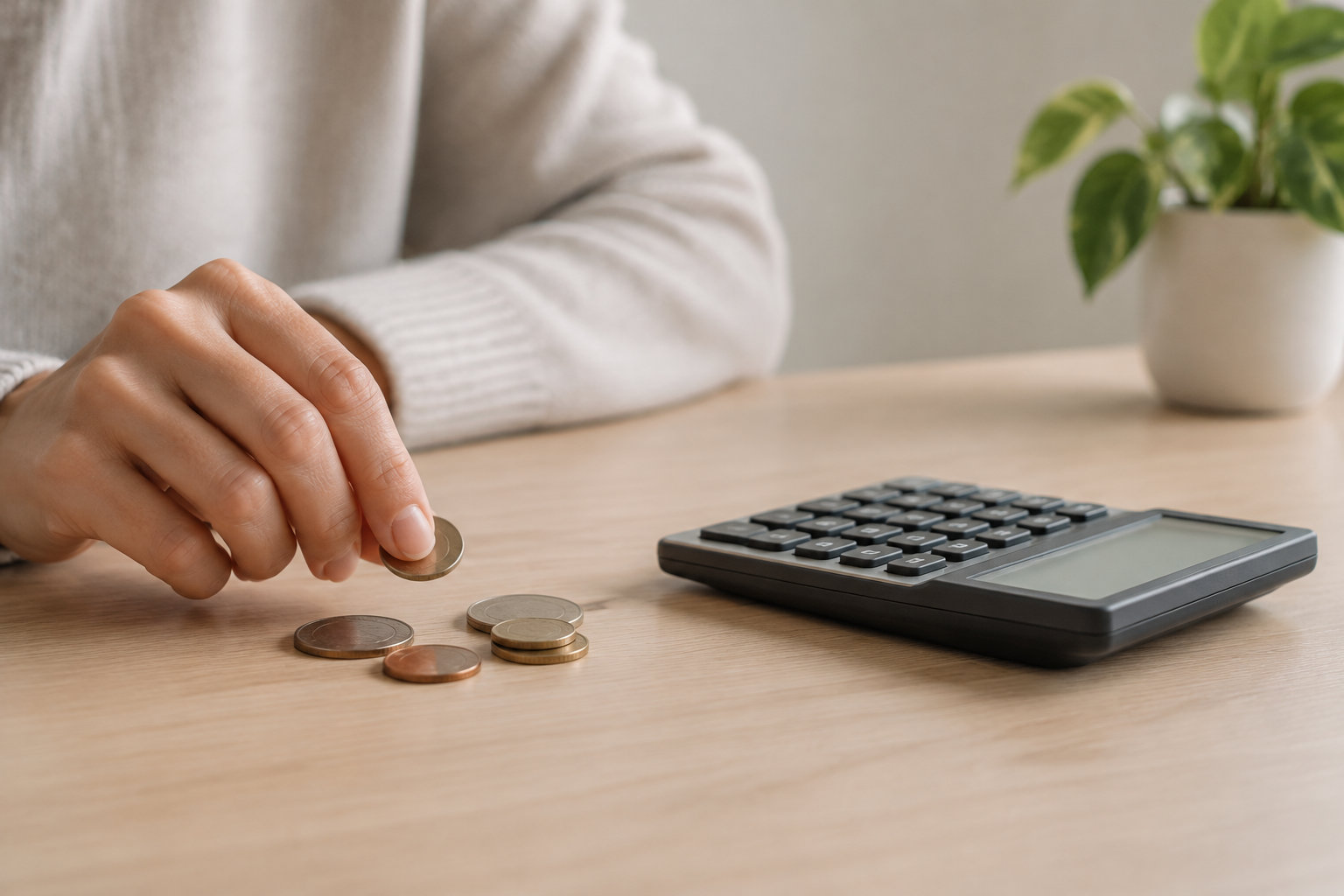 Une main tient une pièce au-dessus de plusieurs pièces posées près d’une calculatrice sur une table en bois, avec une plante en pot à l’arrière-plan.
