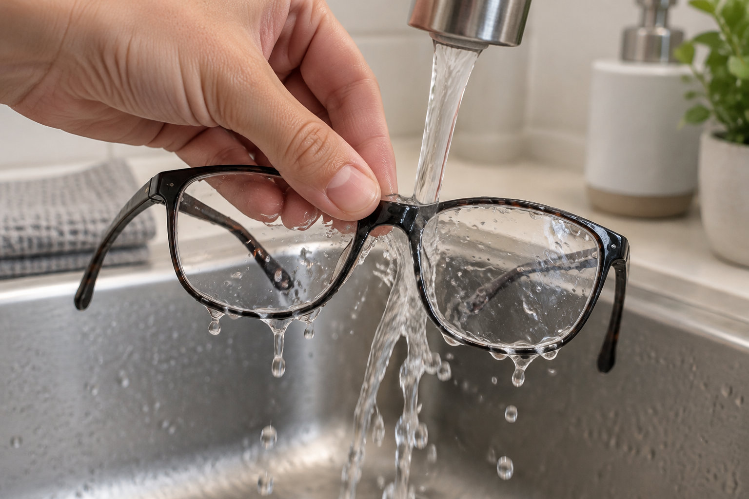 Une main tient une paire de lunettes sous un robinet ouvert, au-dessus d’un évier.