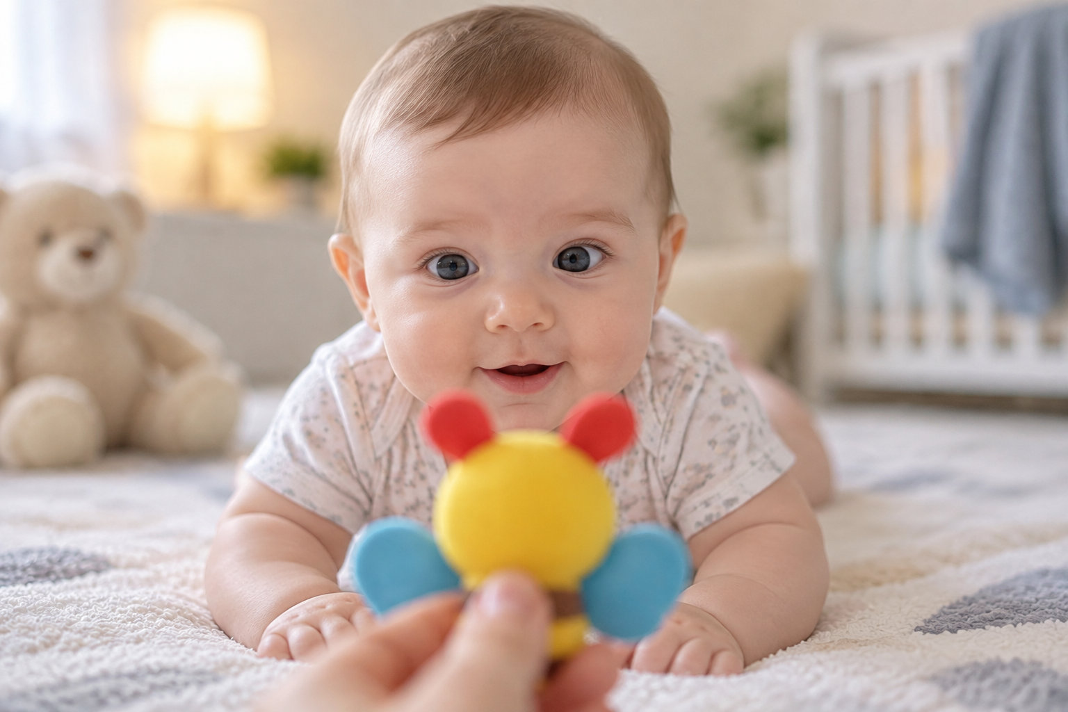 Un bébé allongé sur un tapis tend les mains vers un jouet coloré, avec un ours en peluche et un lit à barreaux en arrière-plan.