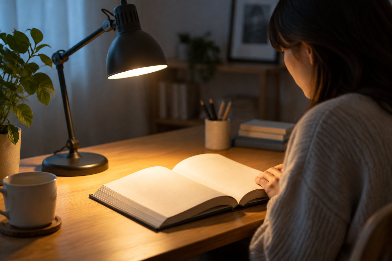 Une personne est assise à un bureau et lit un livre ouvert sous une lampe, avec une tasse et une plante à proximité.
