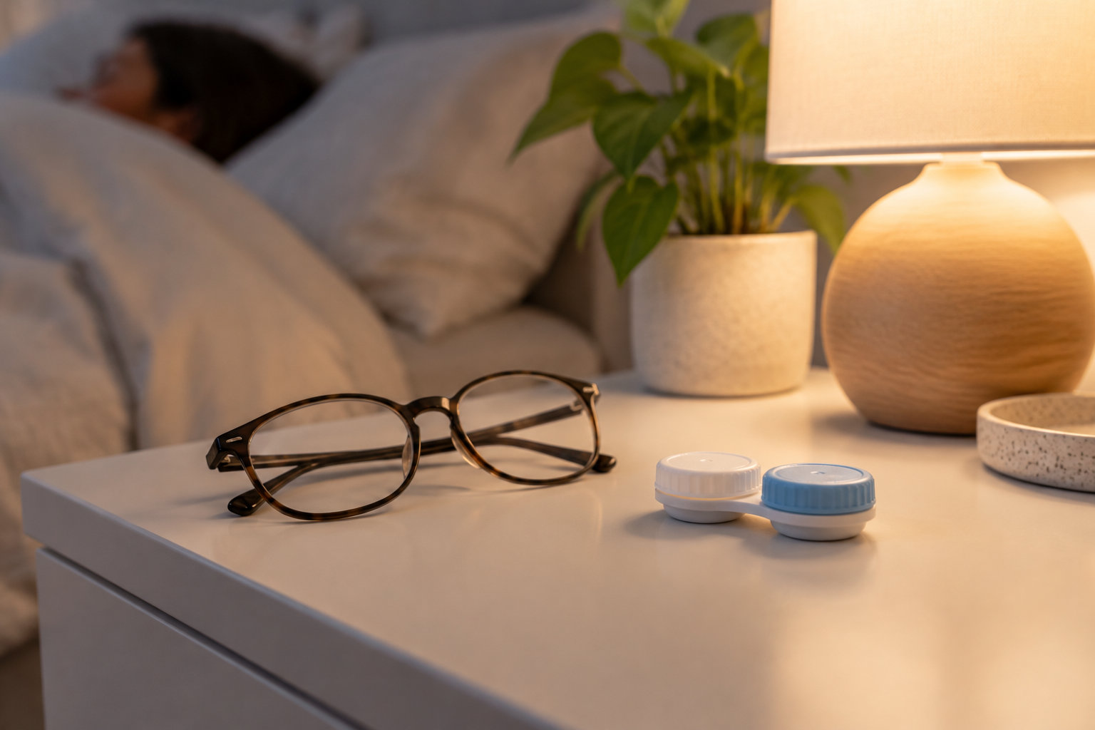 Une paire de lunettes et un étui à lentilles de contact sont posés sur une table de chevet, près d’une lampe et d’une plante, avec une personne allongée en arrière-plan.