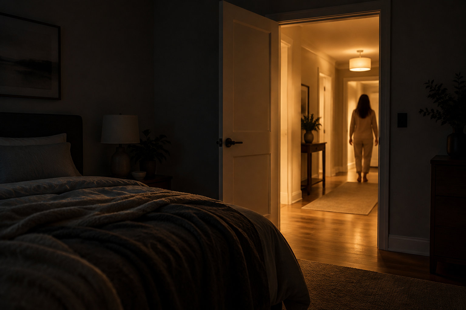 Une chambre sombre avec la porte ouverte sur un couloir éclairé, où une femme s’éloigne.