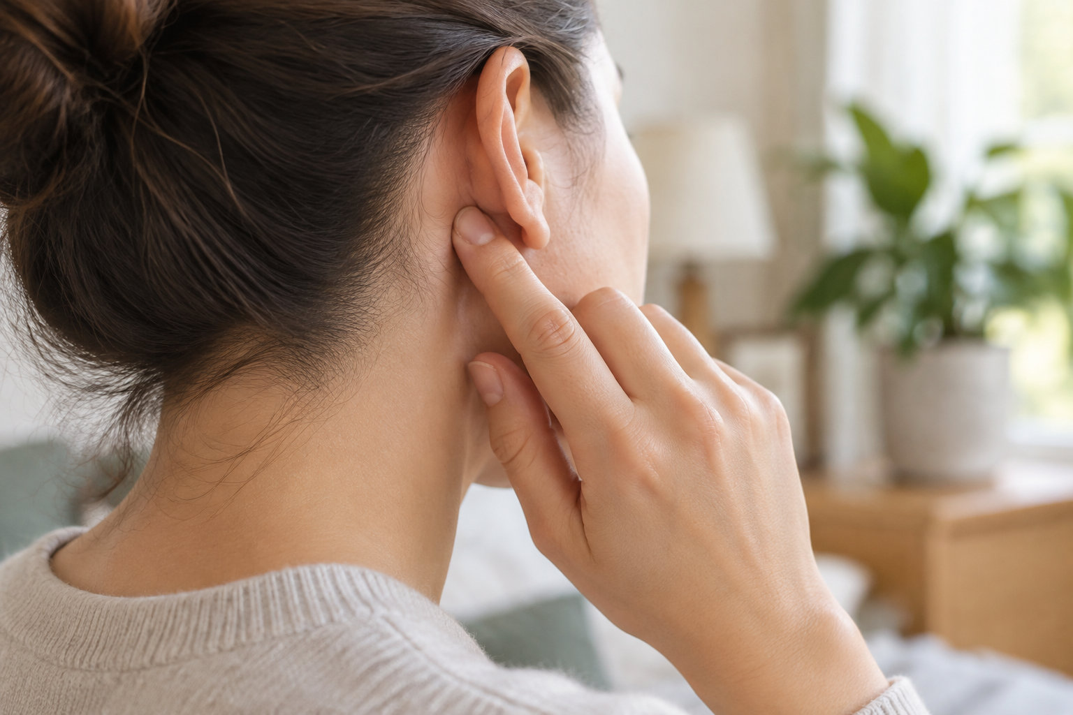 Une femme touche son oreille avec un doigt, dans une pièce lumineuse où l’on distingue une plante en arrière-plan.