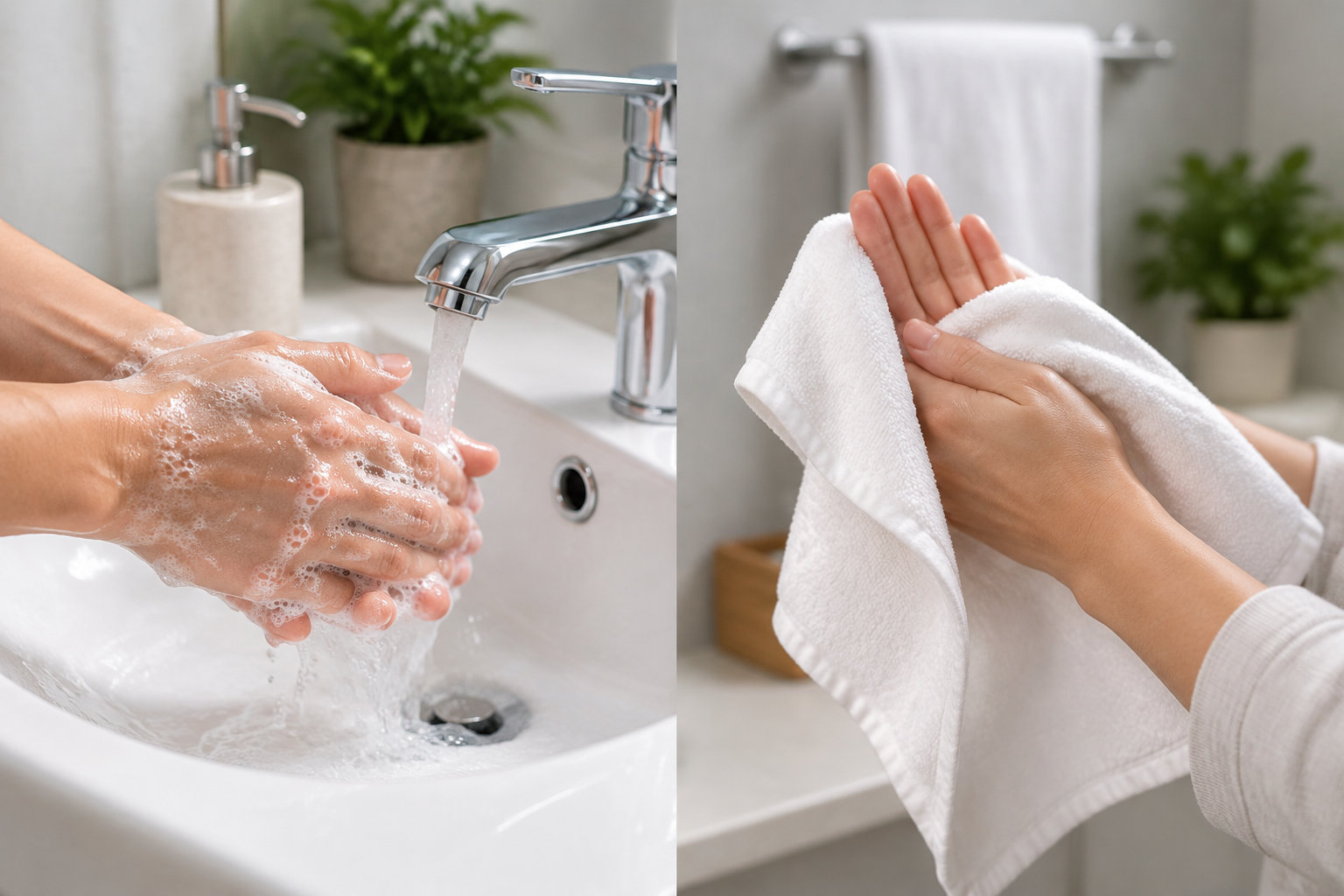 Deux vues montrent des mains savonnées rincées sous un robinet, puis séchées avec une serviette blanche dans une salle de bains.