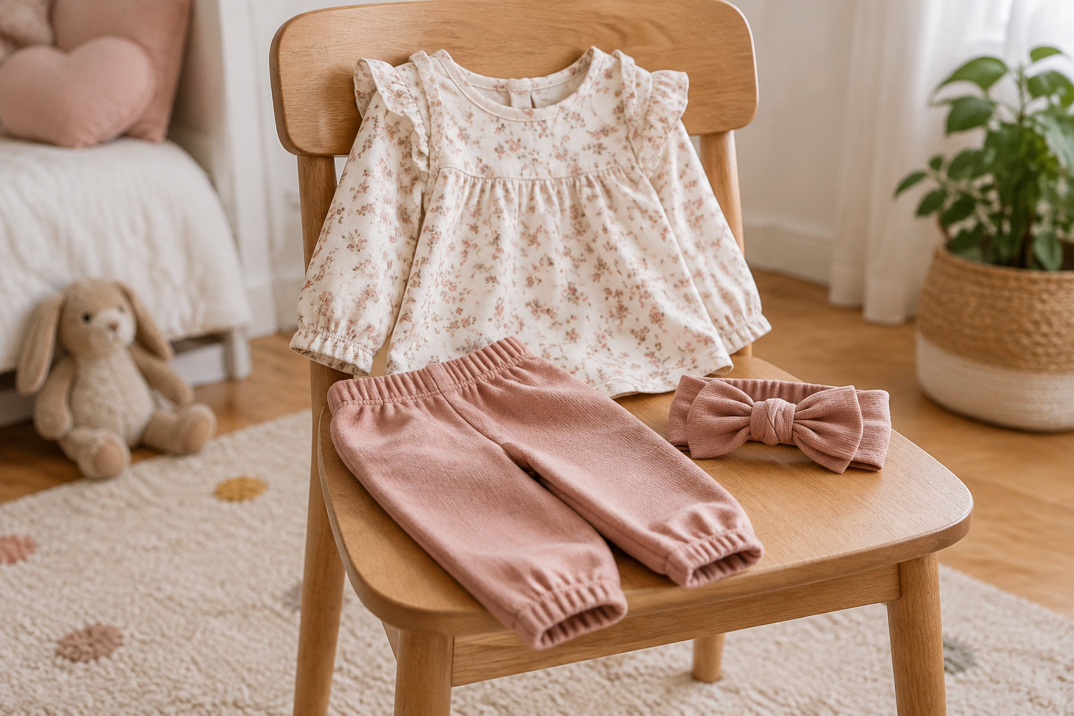 Un ensemble de vêtements pour bébé composé d’un haut fleuri, d’un pantalon rose et d’un bandeau à nœud est posé sur une chaise en bois dans une chambre.